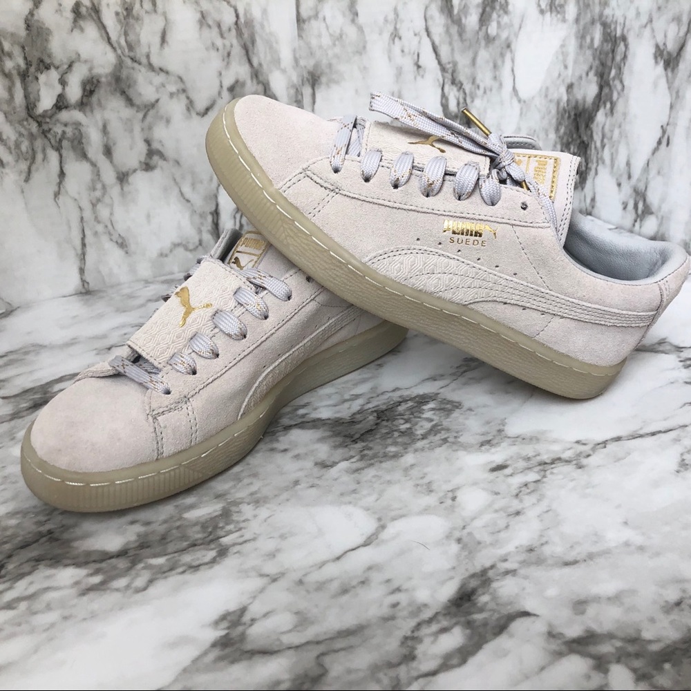 PUMA Suede Epic Remix Dove Grey and Gold Sneakers